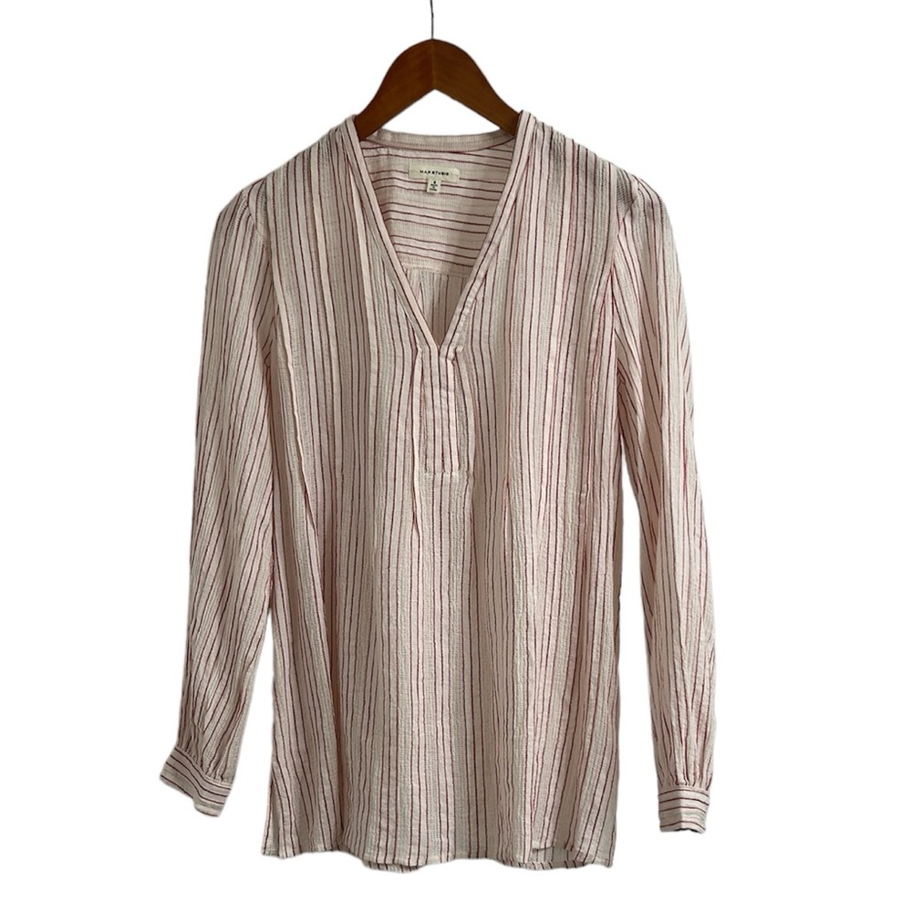 Max Studio Gauzy Top, Red & White Striped Lightweight Long Sleeved Blouse, Small